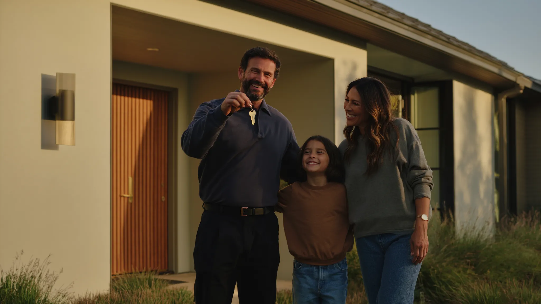 A family smiling together outside their new home, holding up the front door key